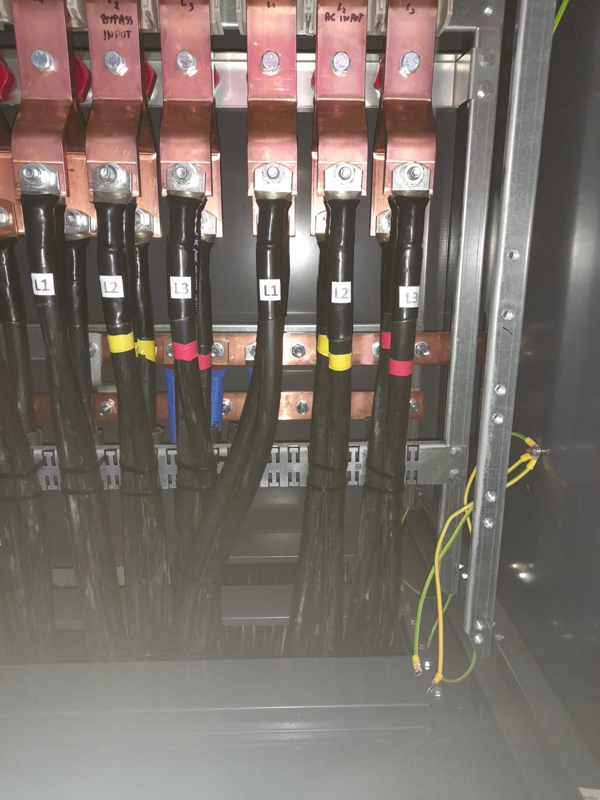 Połączenie równoległych kabli z szynami Cu w rozdzielnicy mocy